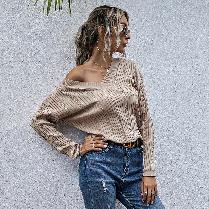 Damen Feiner Rippenstrick-Pullover mit Zopfmuster und V‑Ausschnitt Shop Nory
