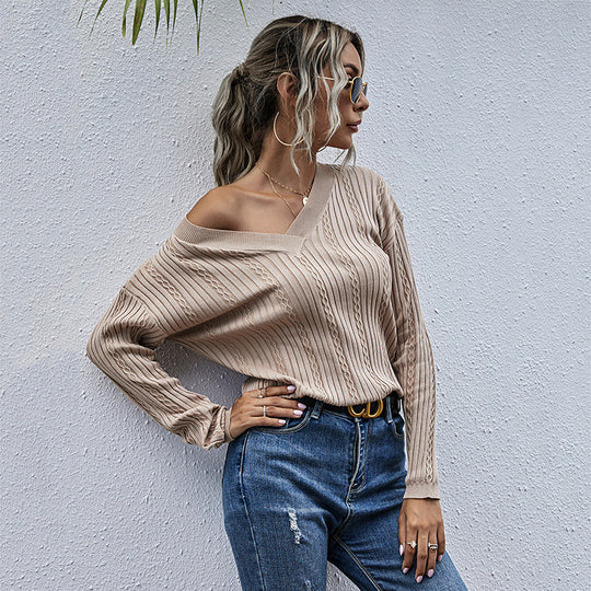 Damen Feiner Rippenstrick-Pullover mit Zopfmuster und V‑Ausschnitt Shop Nory