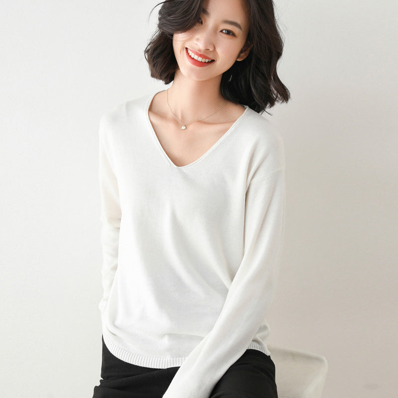 Damen Lässiger Feinstrick V-Ausschnitt Pullover mit überschnittenen Schultern Shop Nory