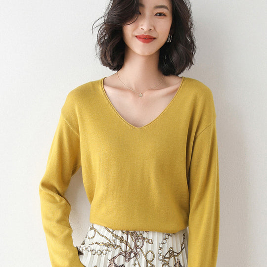 Damen Lässiger Feinstrick V-Ausschnitt Pullover mit überschnittenen Schultern Shop Nory