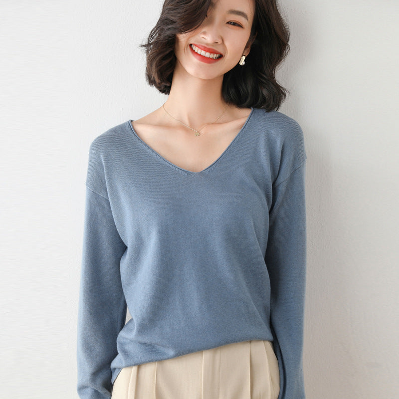 Damen Lässiger Feinstrick V-Ausschnitt Pullover mit überschnittenen Schultern Shop Nory
