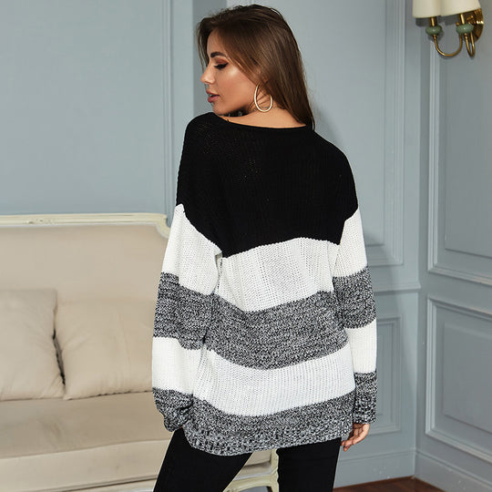Damen Oversize Longpullover mit Blockstreifen und Rundhalsausschnitt Shop Nory