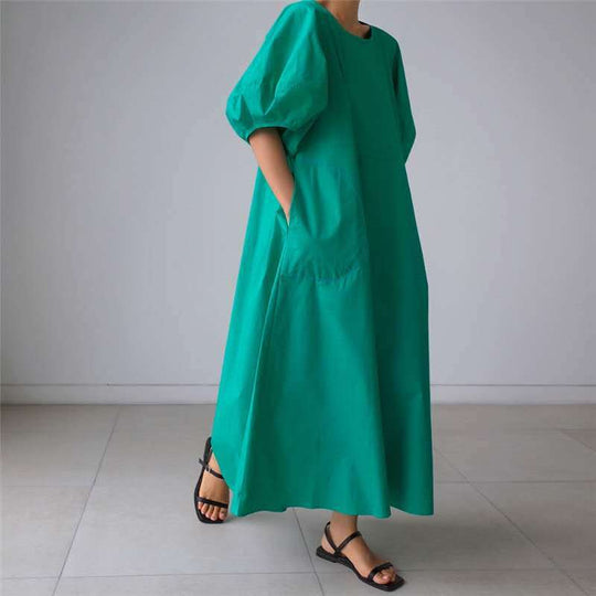 Damen Luftiges Baumwoll‑Poplin Maxi‑Kleid mit voluminösen Puffärmeln, A‑Linien‑Silhouette und Seitentaschen Shop Nory