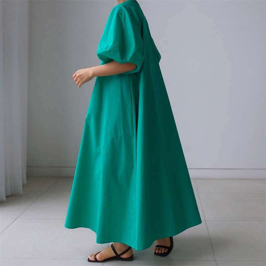 Damen Luftiges Baumwoll‑Poplin Maxi‑Kleid mit voluminösen Puffärmeln, A‑Linien‑Silhouette und Seitentaschen Shop Nory
