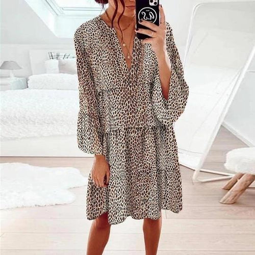 Damen lässiges Blusenkleid mit Volantärmeln und tierischem Muster