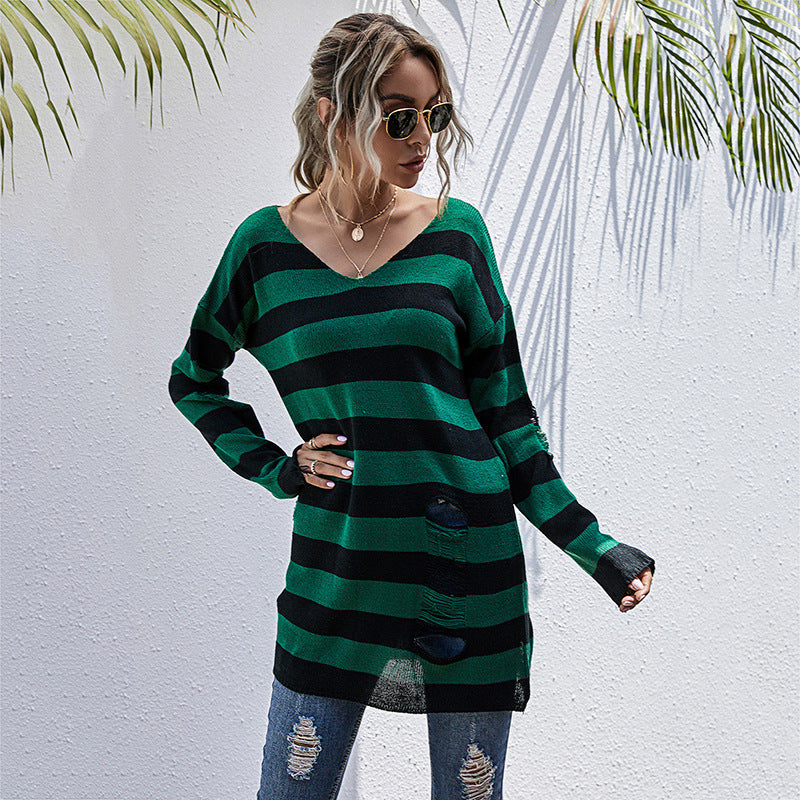 Damen Lässiger Longpullover mit V‑Ausschnitt, Grobstrickstreifen und Löcherdetails Shop Nory