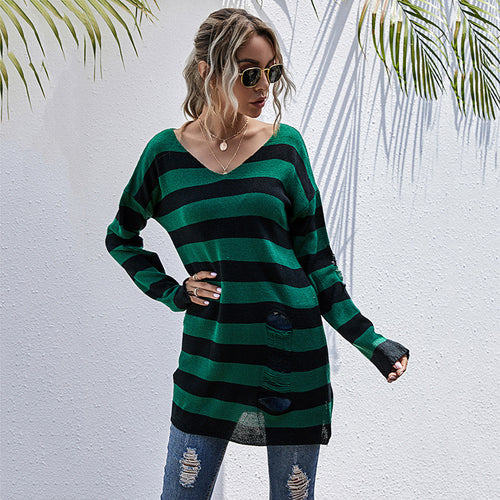 Damen Lässiger Longpullover mit V‑Ausschnitt, Grobstrickstreifen und Löcherdetails Shop Nory