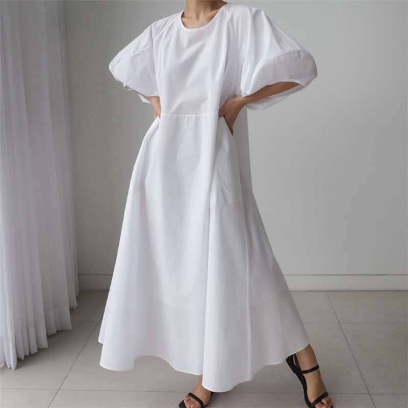Damen Luftiges Baumwoll‑Poplin Maxi‑Kleid mit voluminösen Puffärmeln, A‑Linien‑Silhouette und Seitentaschen Shop Nory