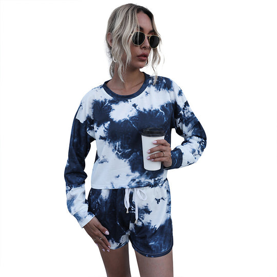 Damen Zweiteiliges Lounge-Set aus Baumwollmix mit Batik-Print, Cropped Sweatshirt & Elastik-Shorts Shop Nory