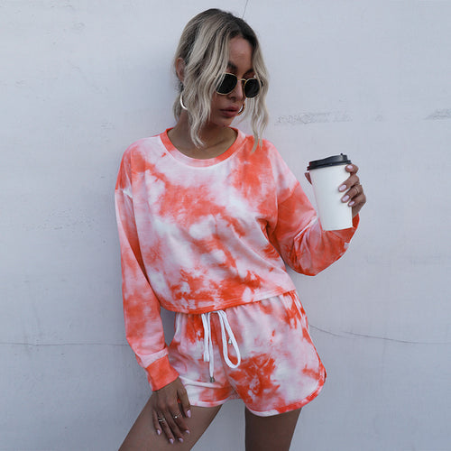 Damen Zweiteiliges Lounge-Set aus Baumwollmix mit Batik-Print, Cropped Sweatshirt & Elastik-Shorts Shop Nory