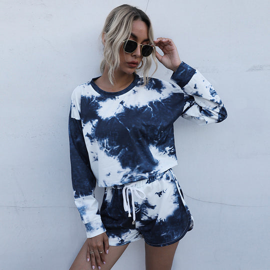 Damen Zweiteiliges Lounge-Set aus Baumwollmix mit Batik-Print, Cropped Sweatshirt & Elastik-Shorts Shop Nory