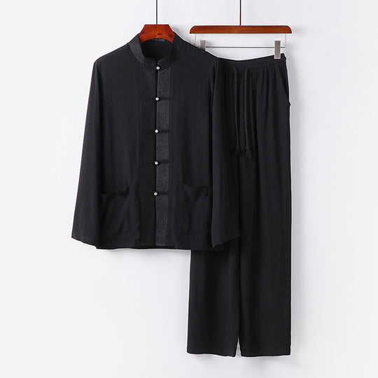 Herren Traditionelles Baumwoll-Loungewear-Set mit Stehkragen Knotenknöpfen und Kordelbundhose Shop Nory