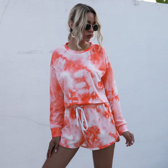 Damen Zweiteiliges Lounge-Set aus Baumwollmix mit Batik-Print, Cropped Sweatshirt & Elastik-Shorts Shop Nory