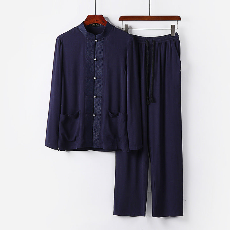 Herren Traditionelles Baumwoll-Loungewear-Set mit Stehkragen Knotenknöpfen und Kordelbundhose Shop Nory