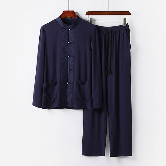 Herren Traditionelles Baumwoll-Loungewear-Set mit Stehkragen Knotenknöpfen und Kordelbundhose Shop Nory