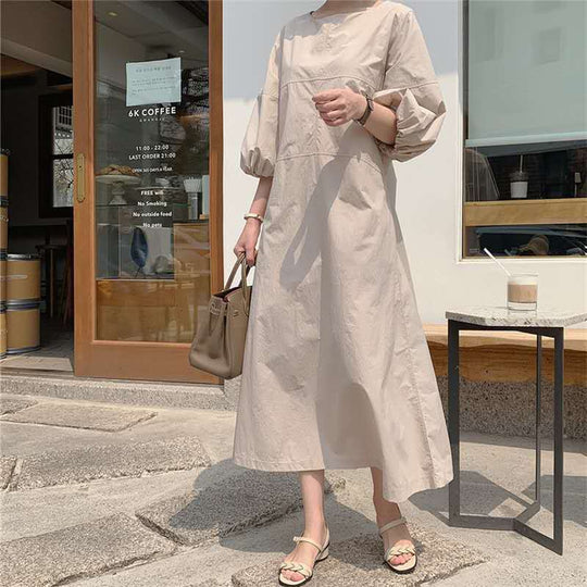 Damen Midikleid aus leichter Baumwollmix mit voluminösen Ballonärmeln und ausgestelltem Rock Shop Nory