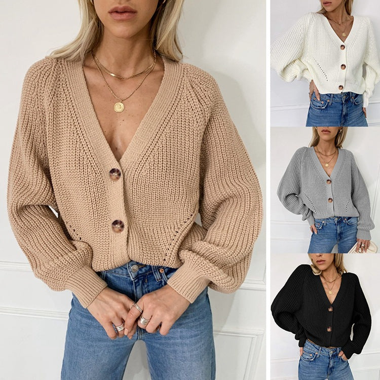 Damen Grobstrick-Cardigan mit tiefem V-Ausschnitt und Holzknopfdetails