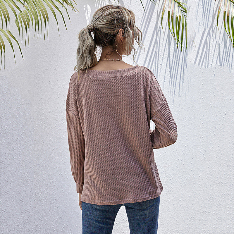 Damen Lockeres Waffelstrick-Longsleeve mit V-Ausschnitt und gerippten Bündchen Shop Nory