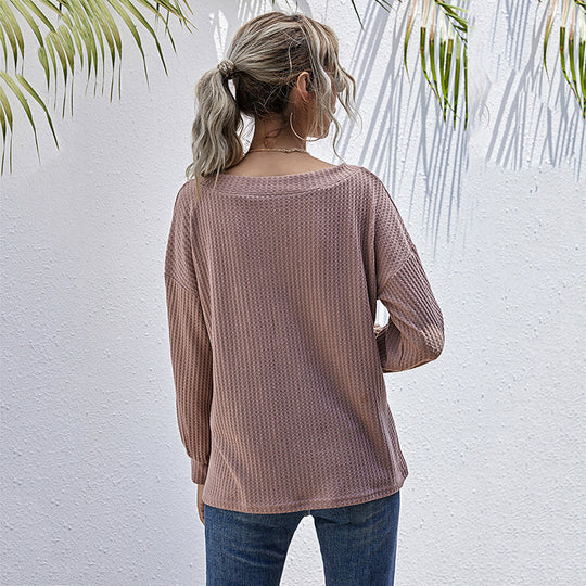 Damen Lockeres Waffelstrick-Longsleeve mit V-Ausschnitt und gerippten Bündchen Shop Nory
