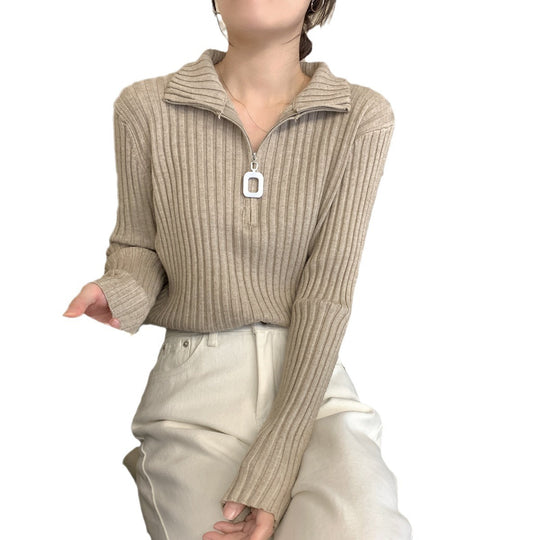 Damen-Strickpullover mit Reißverschluss und Rippenstruktur