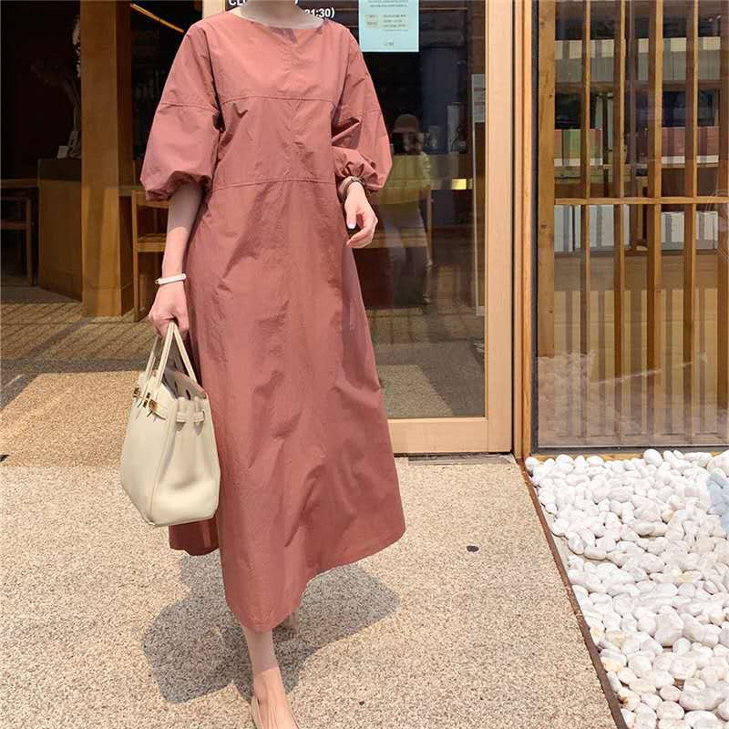 Damen Midikleid aus leichter Baumwollmix mit voluminösen Ballonärmeln und ausgestelltem Rock Shop Nory
