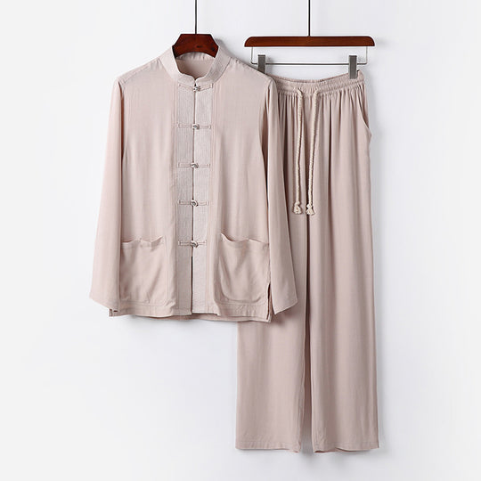 Herren Traditionelles Baumwoll-Loungewear-Set mit Stehkragen Knotenknöpfen und Kordelbundhose Shop Nory