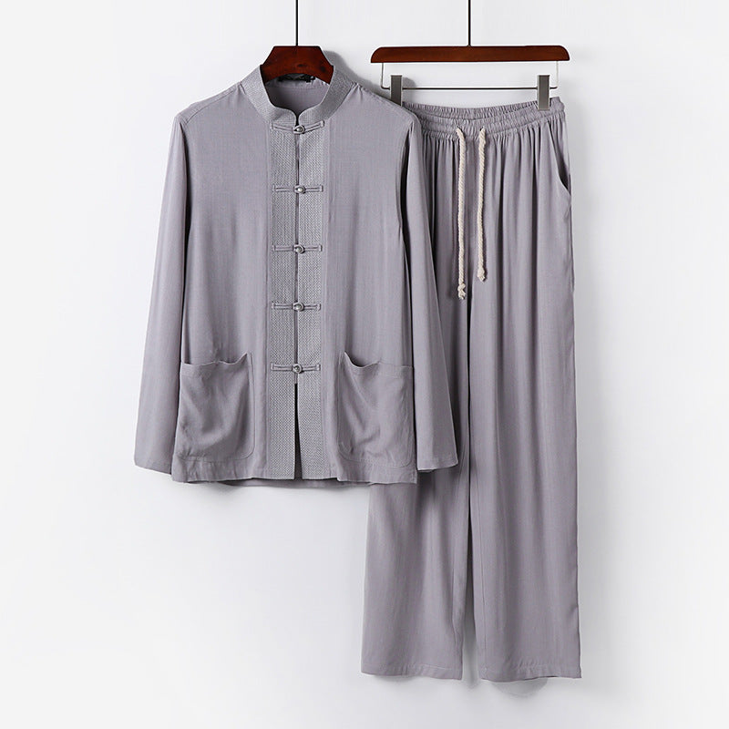 Herren Traditionelles Baumwoll-Loungewear-Set mit Stehkragen Knotenknöpfen und Kordelbundhose Shop Nory