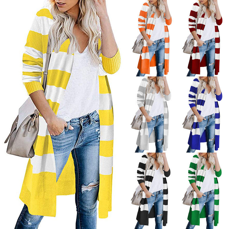 Damen Lange Strickjacke mit Streifen-Muster und offenen Front Shopnory