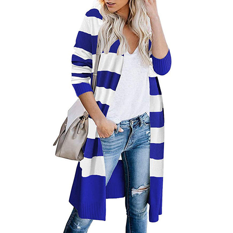 Damen Lange Strickjacke mit Streifen-Muster und offenen Front Shopnory