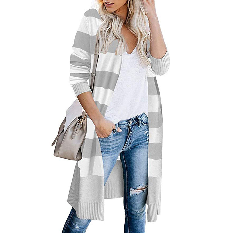 Damen Lange Strickjacke mit Streifen-Muster und offenen Front Shopnory
