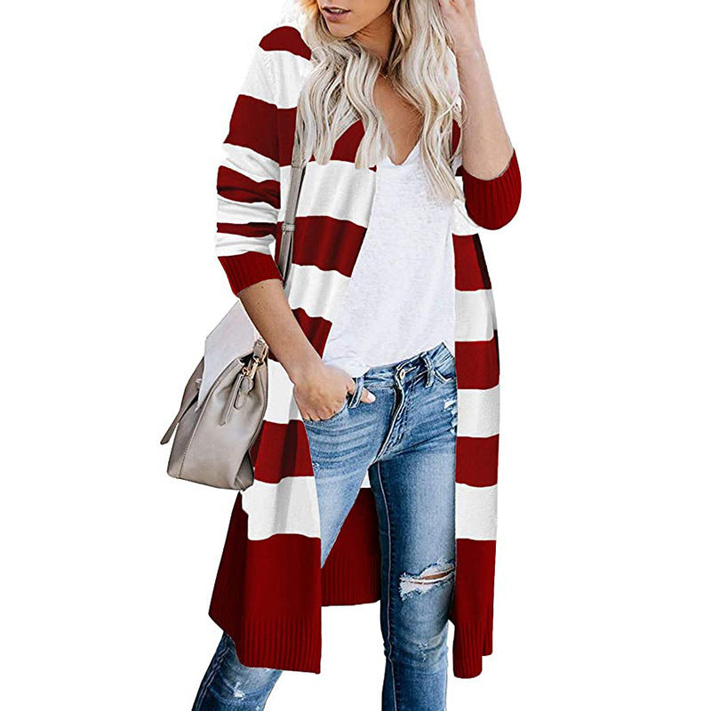 Damen Lange Strickjacke mit Streifen-Muster und offenen Front Shopnory