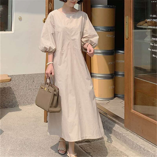 Damen Midikleid aus leichter Baumwollmix mit voluminösen Ballonärmeln und ausgestelltem Rock Shop Nory