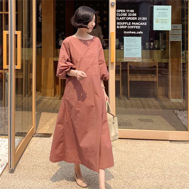 Damen Midikleid aus leichter Baumwollmix mit voluminösen Ballonärmeln und ausgestelltem Rock Shop Nory