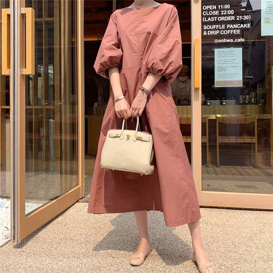 Damen Midikleid aus leichter Baumwollmix mit voluminösen Ballonärmeln und ausgestelltem Rock Shop Nory