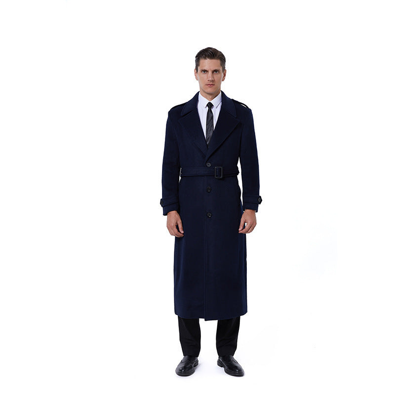 Herren Einreihiger maxilanger Wollmantel mit Bindegürtel und Schulterklappen Shop Nory