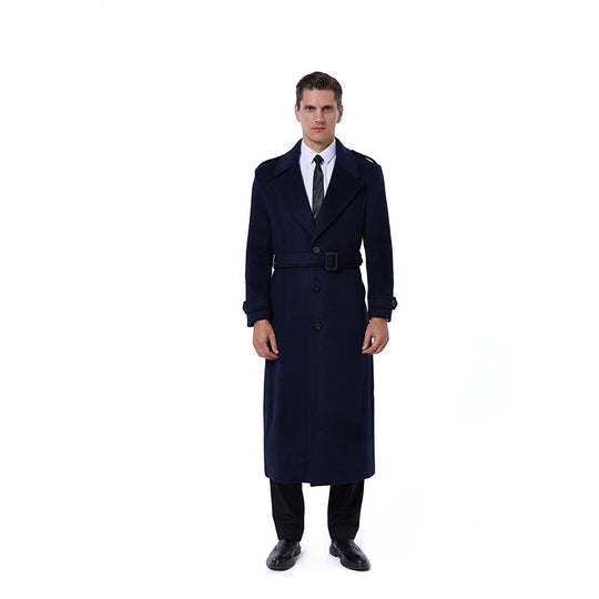 Herren Einreihiger maxilanger Wollmantel mit Bindegürtel und Schulterklappen Shop Nory