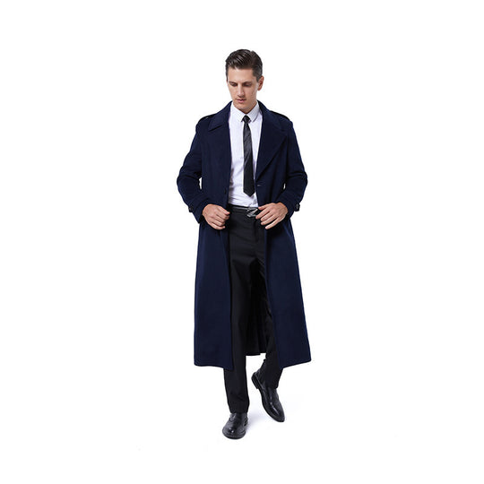 Herren Einreihiger maxilanger Wollmantel mit Bindegürtel und Schulterklappen Shop Nory