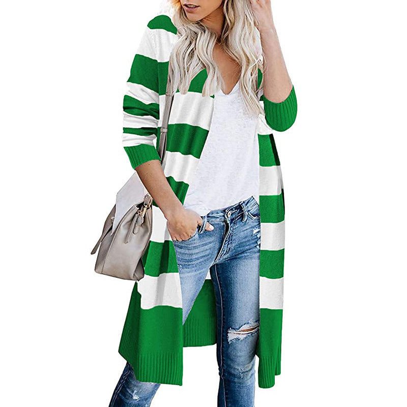 Damen Lange Strickjacke mit Streifen-Muster und offenen Front Shopnory