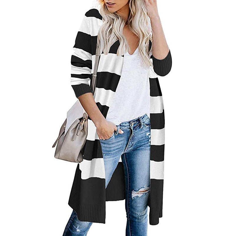 Damen Lange Strickjacke mit Streifen-Muster und offenen Front Shopnory