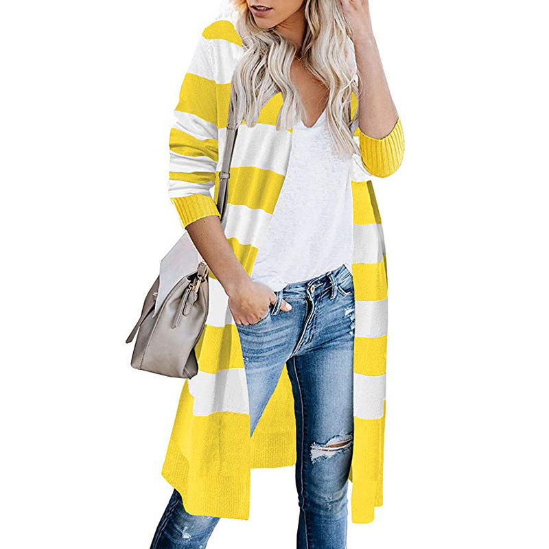 Damen Lange Strickjacke mit Streifen-Muster und offenen Front Shopnory