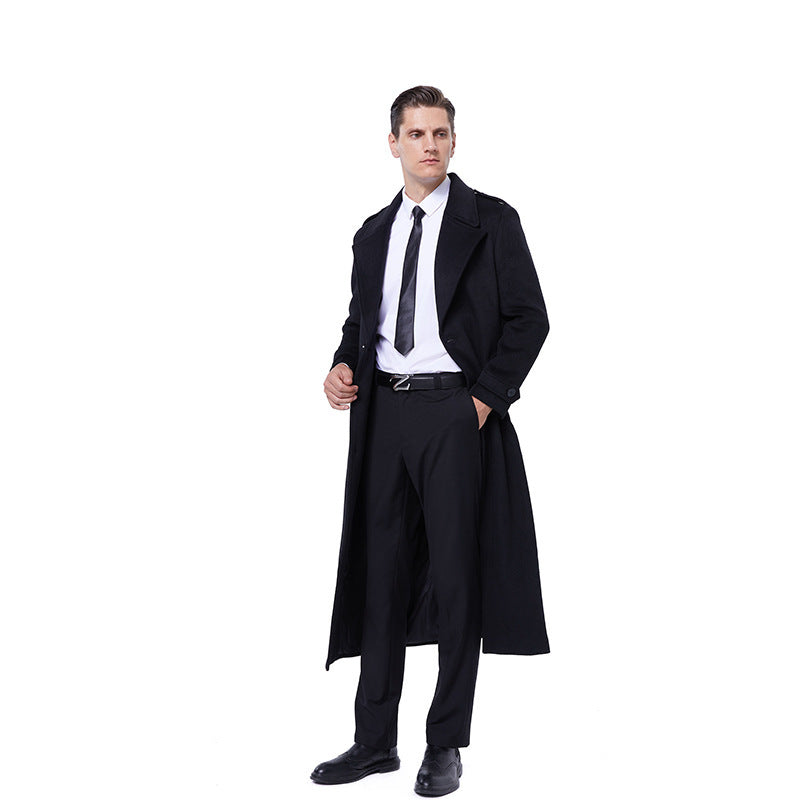 Herren Maxilanger Mantel aus Wollmix mit Bindegürtel, Epauletten und klassischem Revers Shop Nory