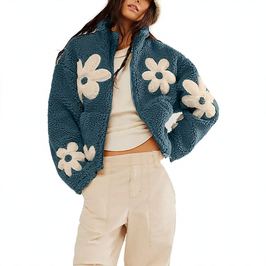 Lammfell-Imitat Strickjacke mit Blumenstickerei