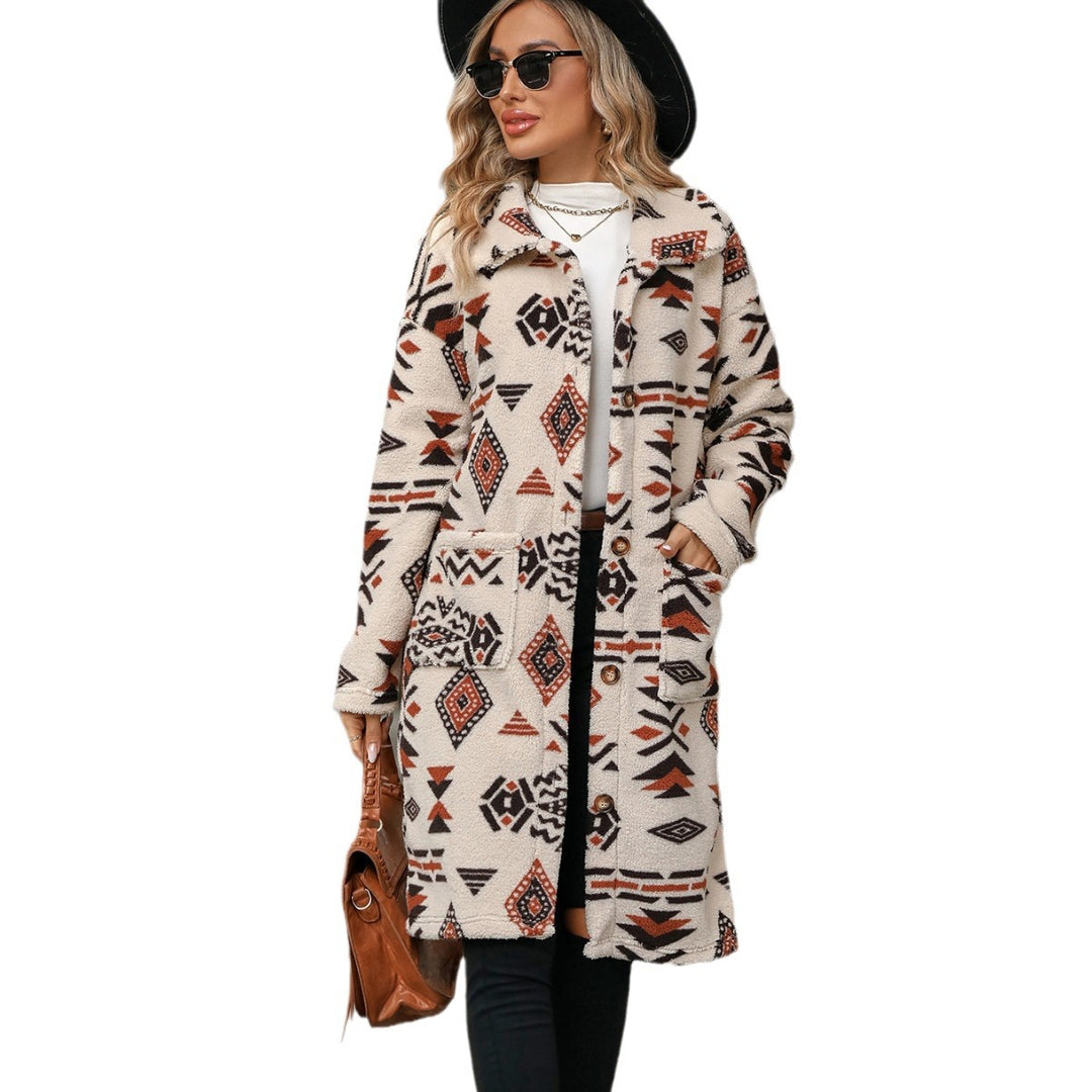 Damen-Mantel mit Ethno-Print, lang, geknöpft