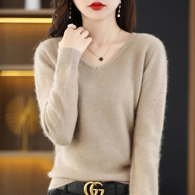 Pullover Damen V-ausschnitt Leichter und Weicher Strickpullover