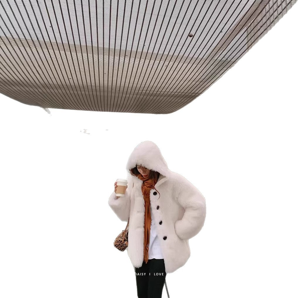 Damen Lammfleece-Mantel mit Kapuze, mittellang
