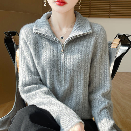 Damen-Wollpullover mit Zopfmuster und halbem Reißverschluss
