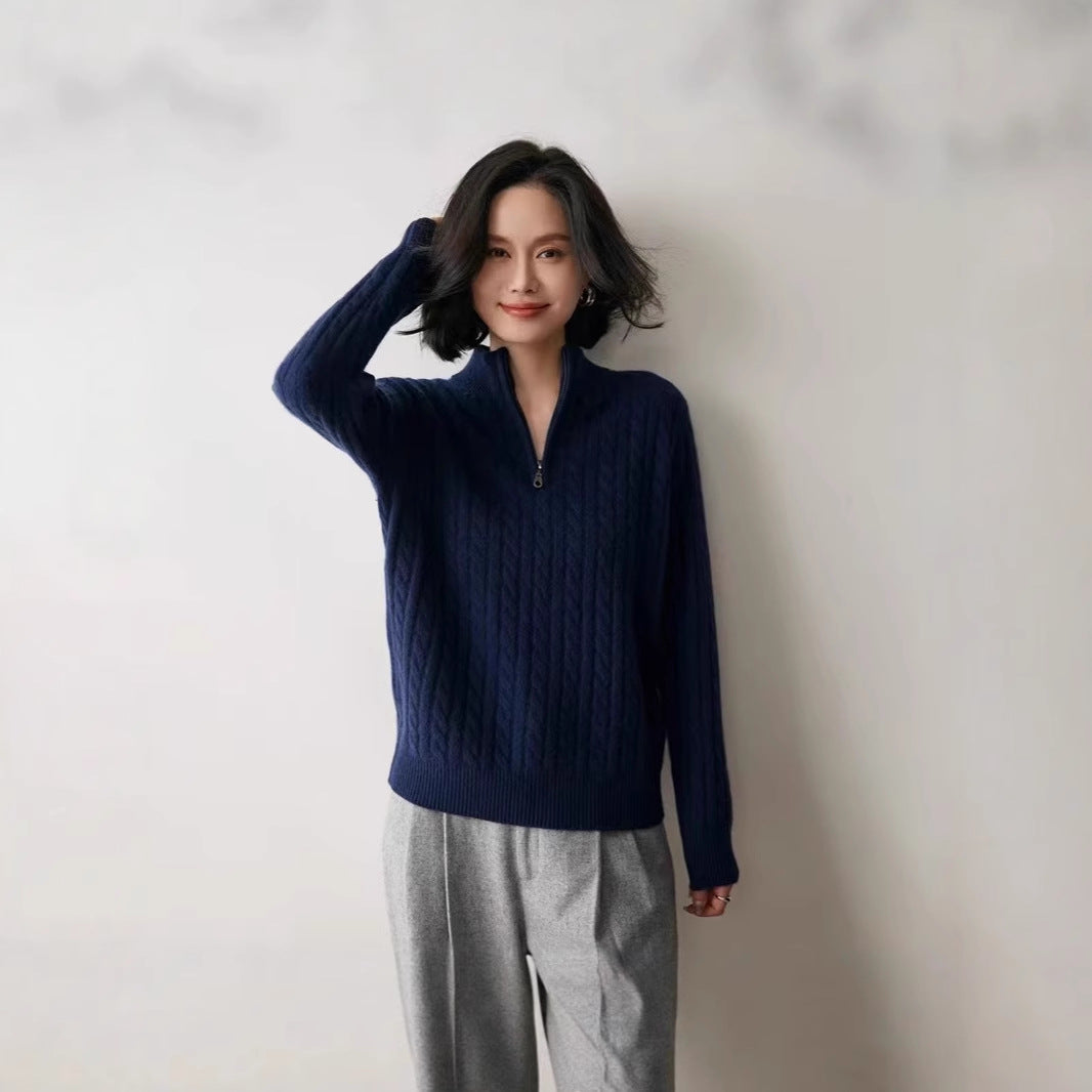 Damen-Strickpullover mit Reißverschluss und Zopfmuster