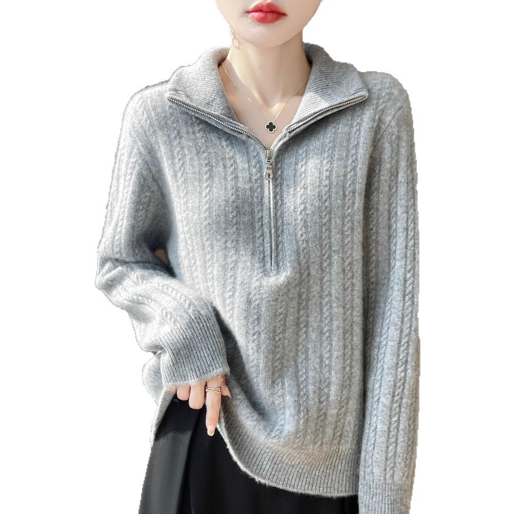 Damen-Wollpullover mit Zopfmuster und halbem Reißverschluss