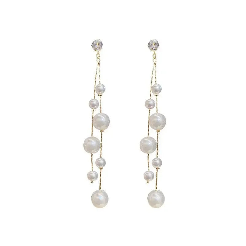 Damen goldbeschichtete simulierte Perlen Doppelperlen lange hängende Stud Ohrringe | Shop Nory