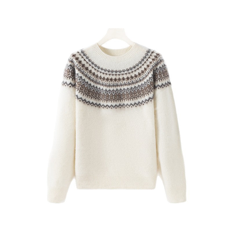 Damen-Wollpullover mit Reißverschluss und Jacquard-Muster